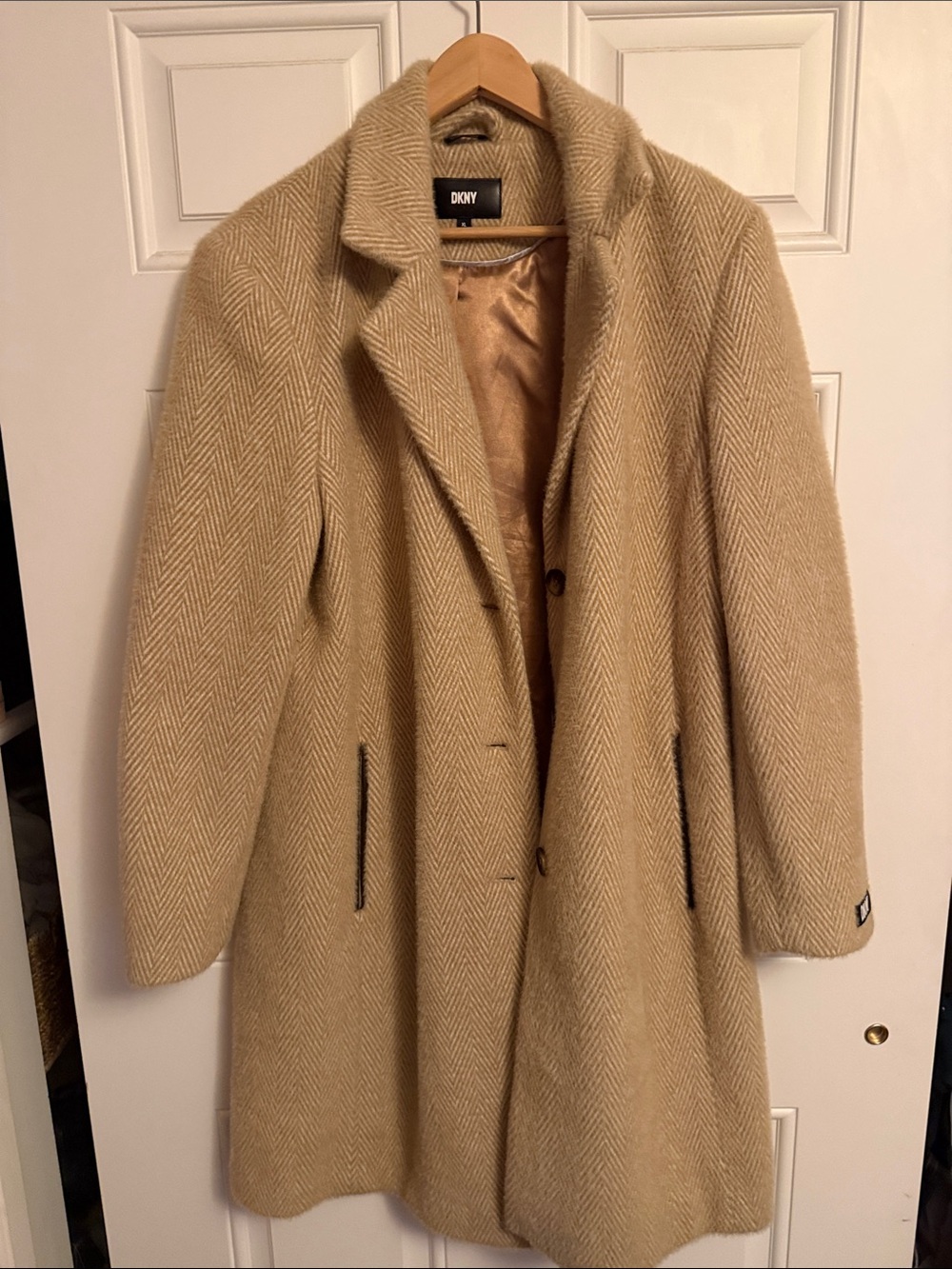 DKNY Beige Herringbone Wool-Blend Pea Coat